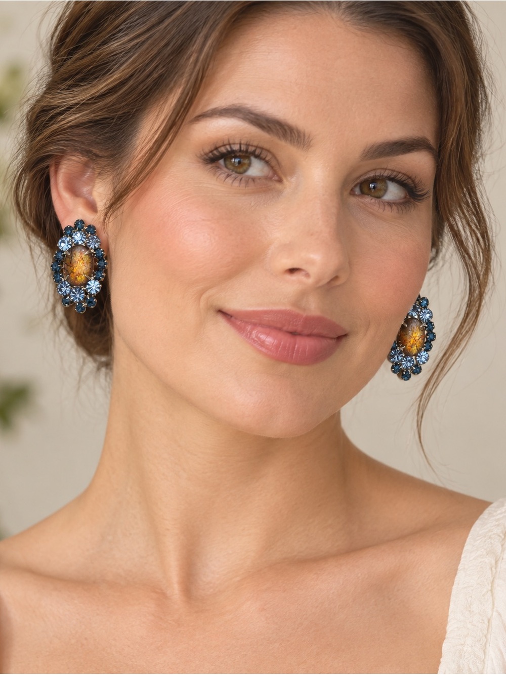 Vintage Blue Rhinestone & Iridescent Amber Clip-On Statement Earrings
